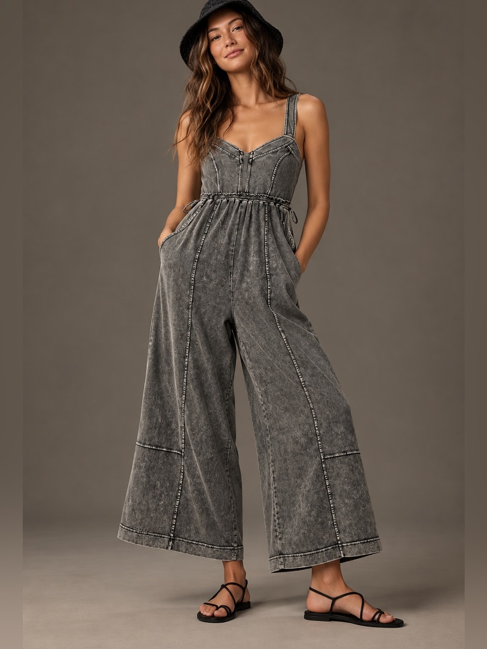 Daily practice Anthropologie Washed Black Wide-Leg Jumpsuit soft corset top M